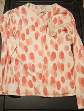 Polka Dot Button-Front Long Sleeve Top - Cream with Coral Dots